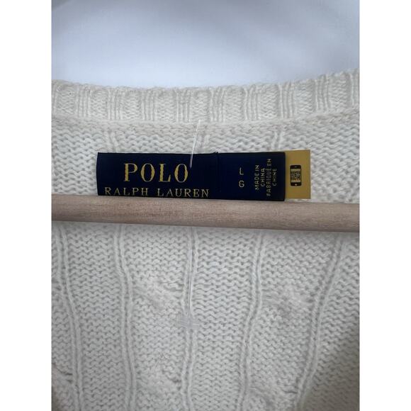Polo Ralph Lauren Off White Cable Knit V-neck Sweater Women’s Large Preppy - Picture 3 of 4